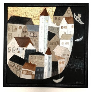 Pintura abstracta, ciudad sobre el río 53 x 53 cm cocida con marco de madera, lino sobre cartón