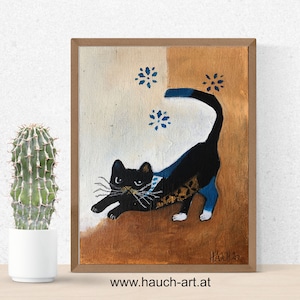 Small picture with cat, mini picture 10 x 15 cm, picture with cat, abstract cat picture, black cat, acrylic picture with cat, picture on painting board,