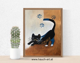 Small picture with cat, mini picture 10 x 15 cm, picture with cat, abstract cat picture, black cat, acrylic picture with cat, picture on painting plate,