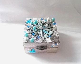 Holzbox, Mosaik, Geschenkbox, Schmuckbehälter, Box mit Mosaiksteinen, türkise Mosaiksteine, türkise box, Schatulle mit Mosaiksteinen Schmuck