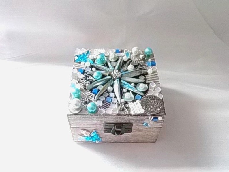 Wooden box, mosaic, gift box, jewelry container, box with mosaic stones, turquoise mosaic stones, turquoise box, casket with mosaic stones jewelry image 1
