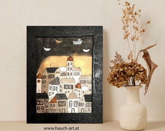 Picture in fired wooden frame 30 x 22 cm, cityscape on paper in frame black