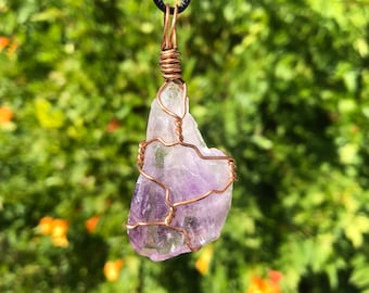 Raw Amethyst Wire Wrapped Crystal Necklace Handcrafted Boho Hippie Witchy Pendant Jewelry Stones