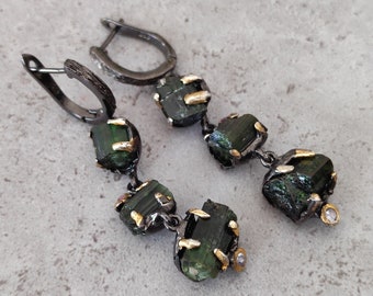 Tourmaline Verdelith Raw Stone Earrings 925Sterol Silver Healing Stone Handmade O836