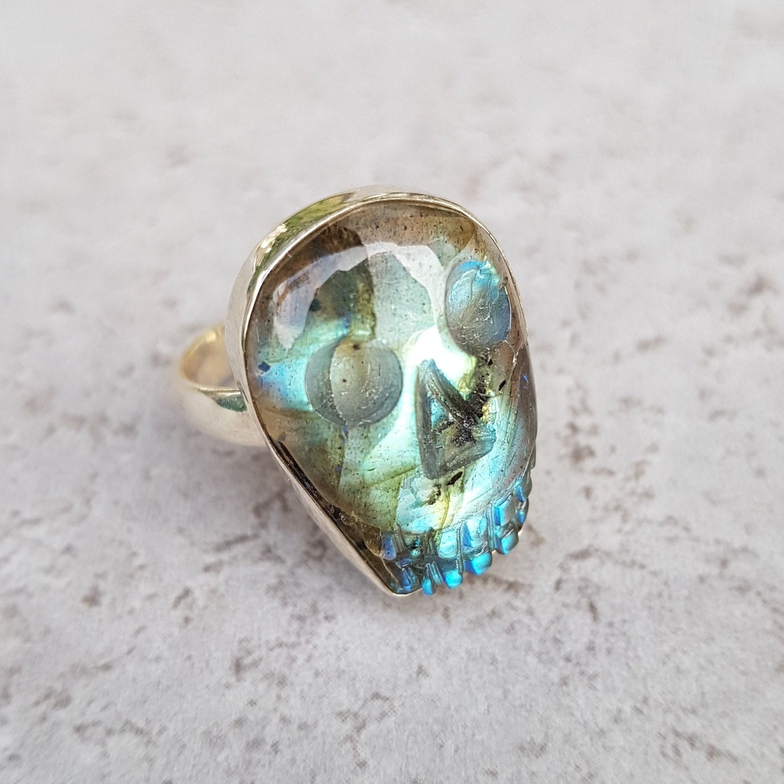 Labradorite Ring Skull Carved 925 Sterling Silver Size 60 Unique R1643