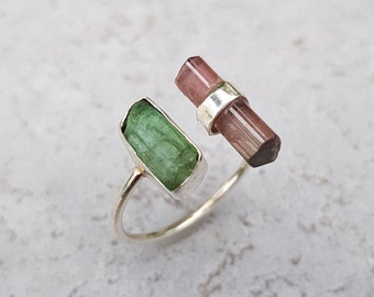 Tourmaline Raw Stone Ring 925 Sterling Silver Size 57 Handmade Unique R1655