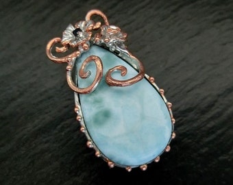 Larimar brooch unique 925 sterling silver rose gold rhodized goldsmith art