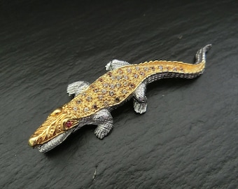 Brooch Sapphire - Ruby Crocodile 925 Sterling Argent 14 Carat Fait main unique B19