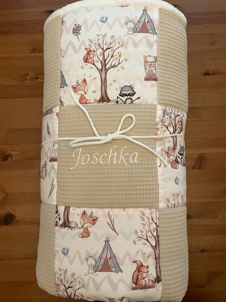Baby blanket crawling blanket forest friends, forest animals, waffle pique, light beige image 7