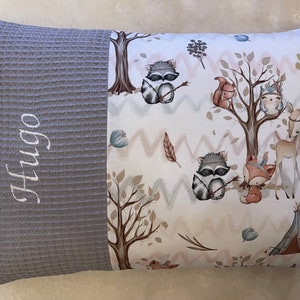 Pillow with name, forest animals, forest friends, waffle lpique gray