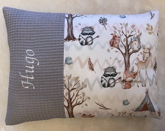 Pillow with name, forest animals, forest friends, waffle pique grey