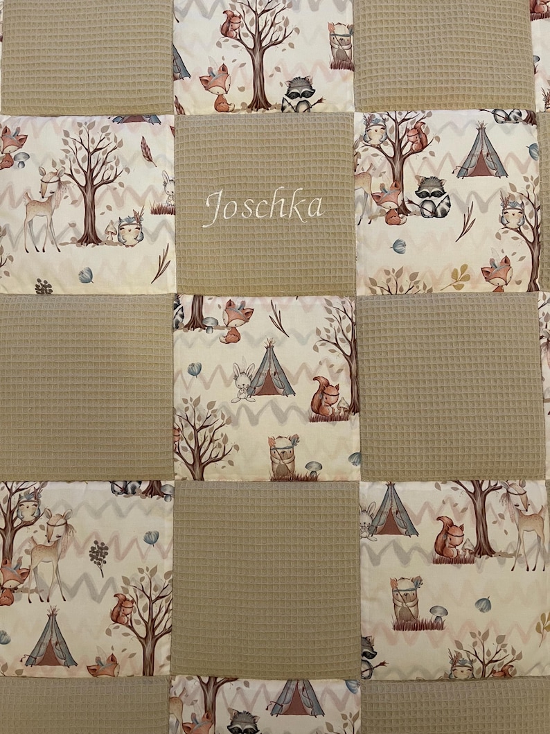 Baby blanket crawling blanket forest friends, forest animals, waffle pique, light beige image 5