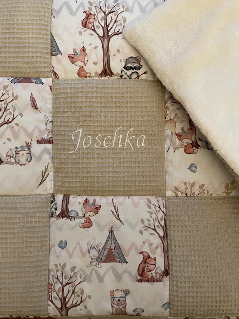 Baby blanket crawling blanket forest friends, forest animals, waffle pique, light beige image 6