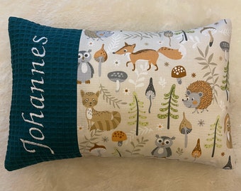 Pillow with name, animals in the forest, waffle pique dark green