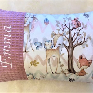 Pillow with name, forest animals, forest friends, waffle lpique old pink