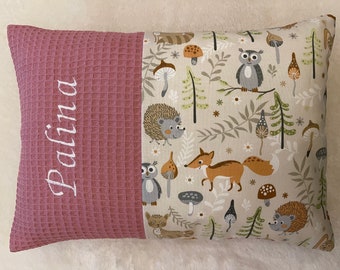 Pillow with name, animals in the forest, waffle pique old pink