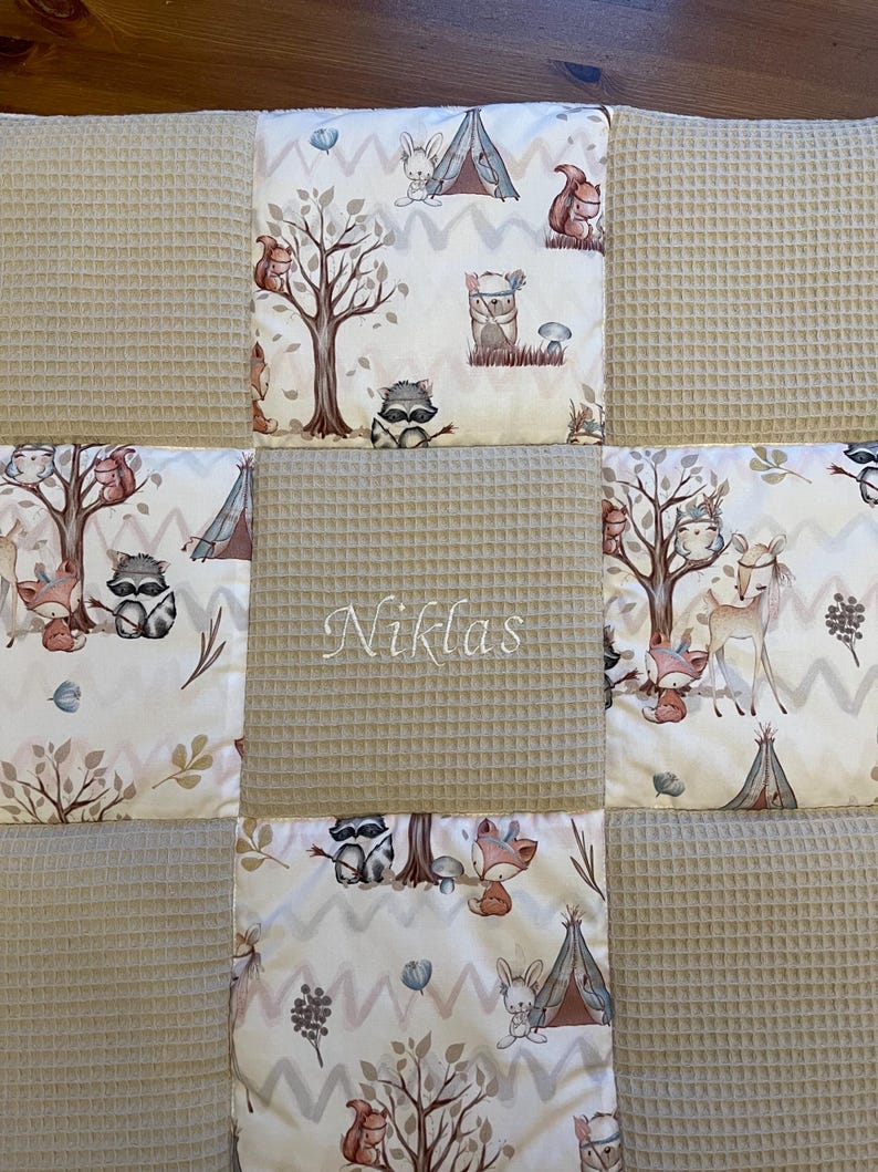 Baby blanket crawling blanket forest friends, forest animals, waffle pique, light beige image 4