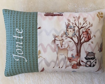 Pillow with name, forest animals, forest friends, waffle pique old green