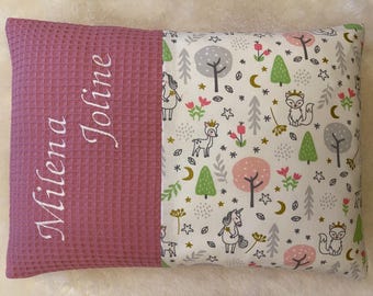 Pillow with name, animals, trees, waffle pique old pink