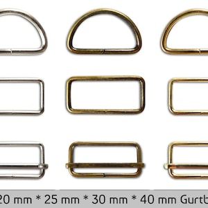 Könnte beinhalten: Ein Satz von acht D-Ringen und rechteckigen Ringen aus Metall in Silber- und Goldausführung. Die Ringe sind in verschiedenen Größen für 20 mm, 25 mm, 30 mm und 40 mm breite Bänder. * für 20 mm * 25 mm * 30 mm * 40 mm Gurtband *