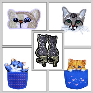 Könnte beinhalten: Fünf Bügelbilder mit verschiedenen Katzenmotiven. Die Patches sind gestickt und beinhalten eine graue Katze mit grünen Augen, eine braune Katze mit blauen Augen, zwei schwarze Katzen mit goldenen Pailletten, eine blaue Katze in einer blauen Tasche und eine orange Katze in einer blauen Tasche.