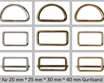 Pack of 10 belt sliders, belt buckles, D-rings 20-40 mm belt rings silver, brass, gold, black