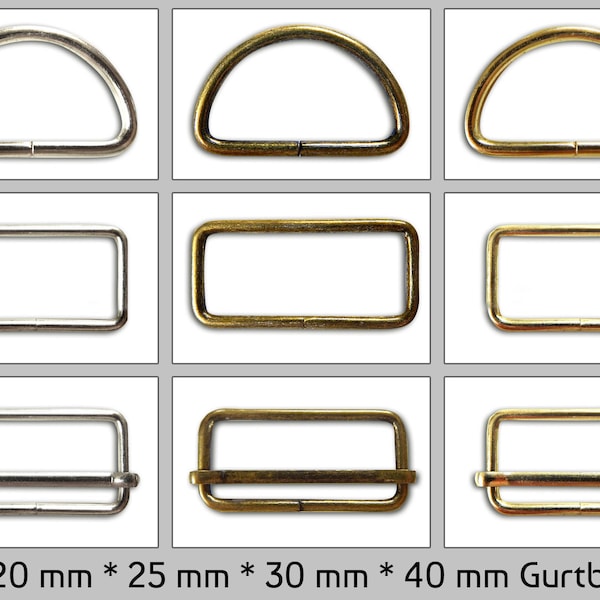 10 Stück Gurtschieber, Gurtschnallen, D-Ringe 20-40 mm Gurtringe silber, messing, gold, schwarz