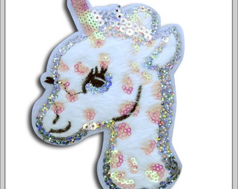 Applikation Einhorn 10x14 cm Kunstfell Pailetten Hologram bunt Aufnäher