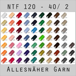 Könnte beinhalten: Eine Karte mit 120 verschiedenen Garnfarben, die mit Nummern gekennzeichnet sind. Das Garn ist in Reihen und Spalten angeordnet, wobei jede Farbe eine eigene Spule hat. Das Garn ist mit dem Markennamen "ALLESNÄHER GARN" gekennzeichnet.