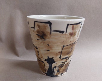 Mug in tower look with black cat ceramic handmade