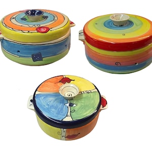 large round ceramic bread pot in various patterns