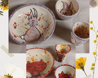 3-piece tableware set for children that can be personalized with a cat or rabbit