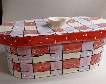 Large, rustic oval bread pot/bread box/bread bin "chleb" ceramic in a red checkered design - made to order