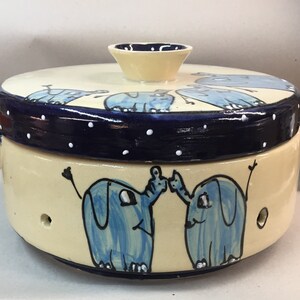 large ceramic bread crock in various blue patterns Elefanten