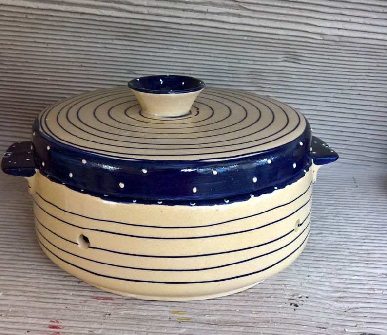 large ceramic bread crock in various blue patterns holländle