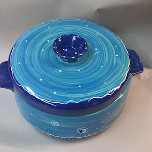 large ceramic bread crock in various blue patterns image 4