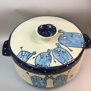 large ceramic bread crock in various blue patterns image 10