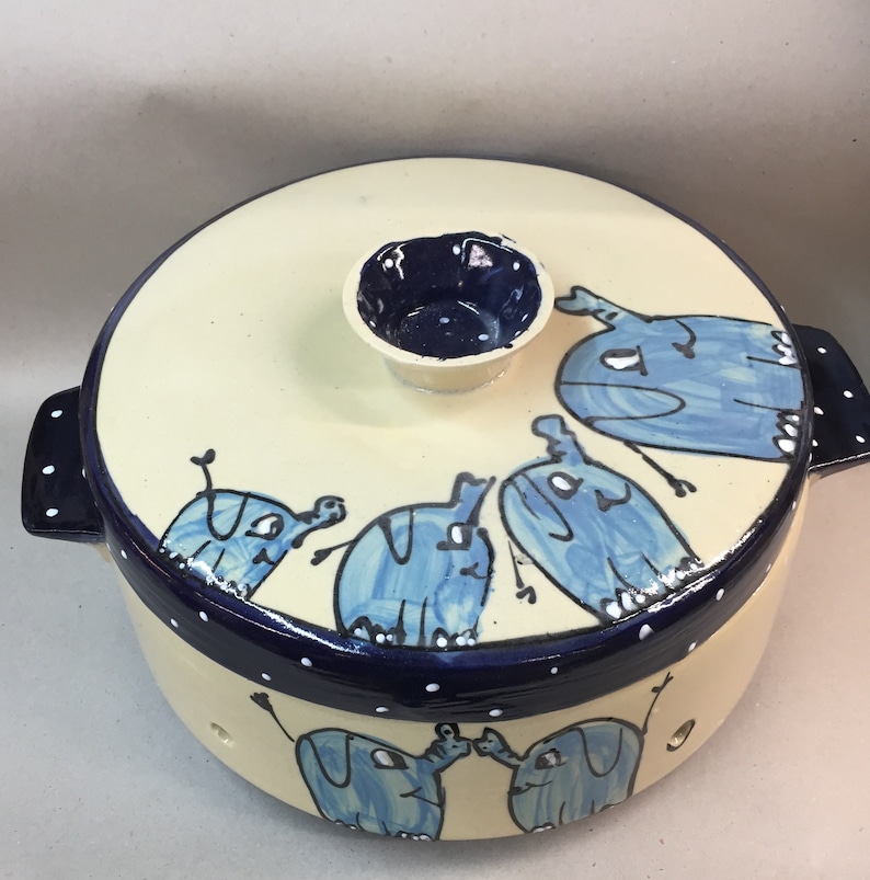 large ceramic bread crock in various blue patterns image 10