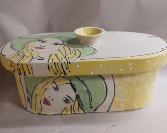 large rustic oval bread pot bread box bread box "chleb" ceramic with a woman's motif