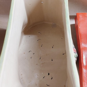 May include: A rectangular ceramic planter with a light green rim and a white interior. The planter has a slightly textured surface and appears to be empty. A red object is visible on the right side of the planter.