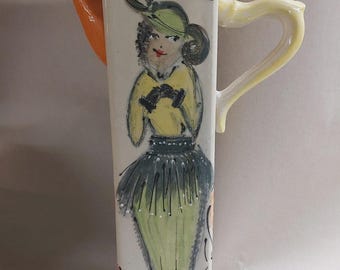 Square teapot painted with women, ceramic, handmade - unique piece