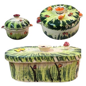 Bread pot bread box bread tin round oval small or large ceramic design meadow
