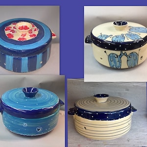 large ceramic bread crock in various blue patterns image 1