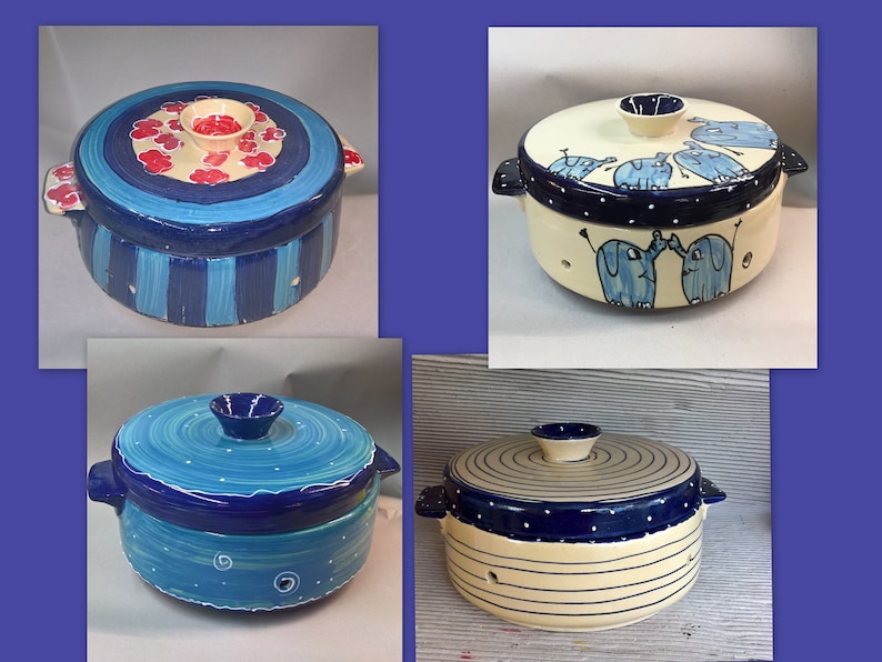 large ceramic bread crock in various blue patterns image 1