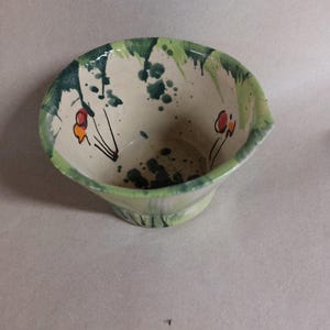 Può includere: Ciotola in ceramica dipinta a mano con interno beige chiaro e bordo verde. Il bordo presenta pennellate verdi e spruzzi verde scuro. L'interno presenta motivi floreali arancioni e rossi. La ciotola ha un piccolo beccuccio su un lato.