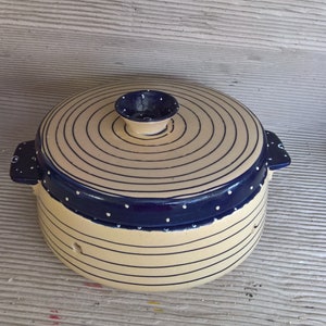 large ceramic bread crock in various blue patterns image 8