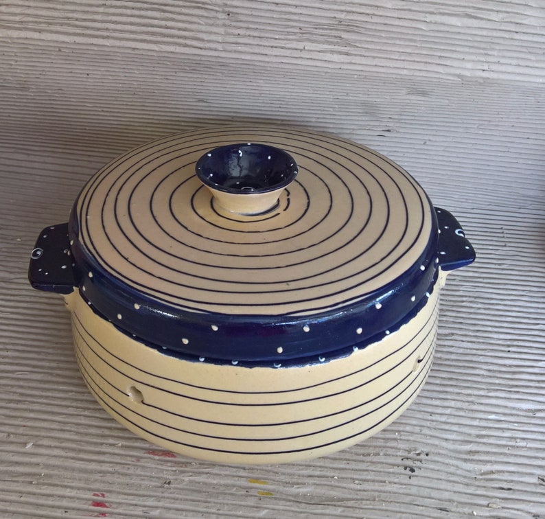 large ceramic bread crock in various blue patterns image 8