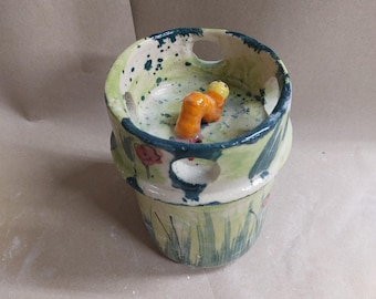 French water butter dish for 125g butter with worm in the lid, ceramic, handmade - unique piece