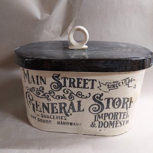 Gran panera rústica ovalada XL, caja para pan, lata para pan "1920" de cerámica con motivo de cartel publicitario