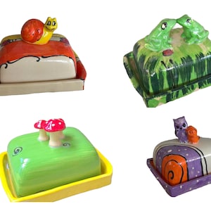 Ceramic butter dish for 250g butter with snail or frog, mushrooms or owls